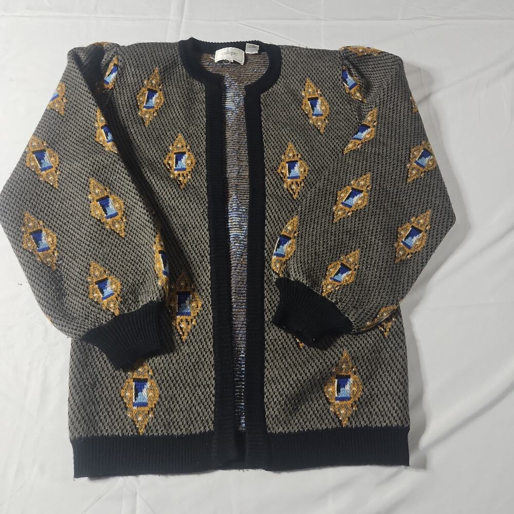 Calliope Vintage Wool Cardigan Womens Medium Geometric Open Front Hong Kong